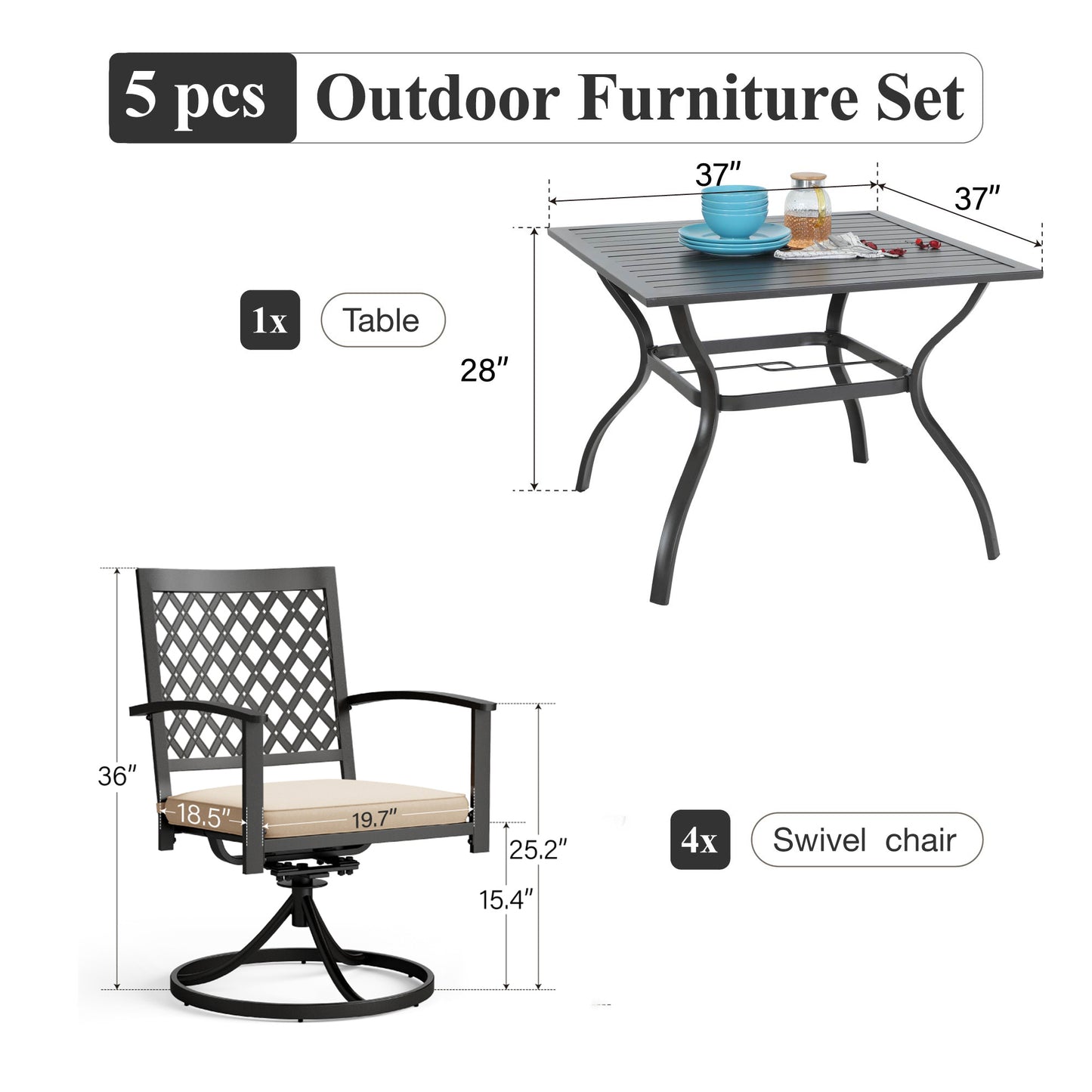 Captiva Designs 5pc Patio Slat-top Square Steel Dining Table with Umbrella Hole & Metal Arm Chairs