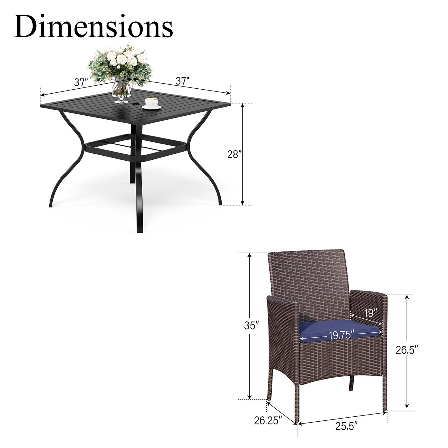 Captiva Designs 5pc Patio Dining Set Steel Frame Table with Umbrella Hole & Rattan Chairs with Removable Cushions