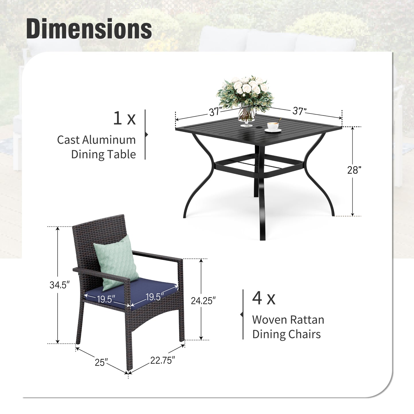 Captiva Designs 5pc Patio Dining Set Steel Frame Table with Umbrella Hole & Rattan Chairs with Removable Cushions