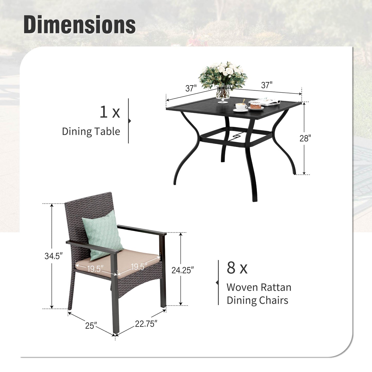 Captiva Designs 5pc Patio Dining Set Steel Frame Table with Umbrella Hole & Rattan Chairs with Removable Cushions