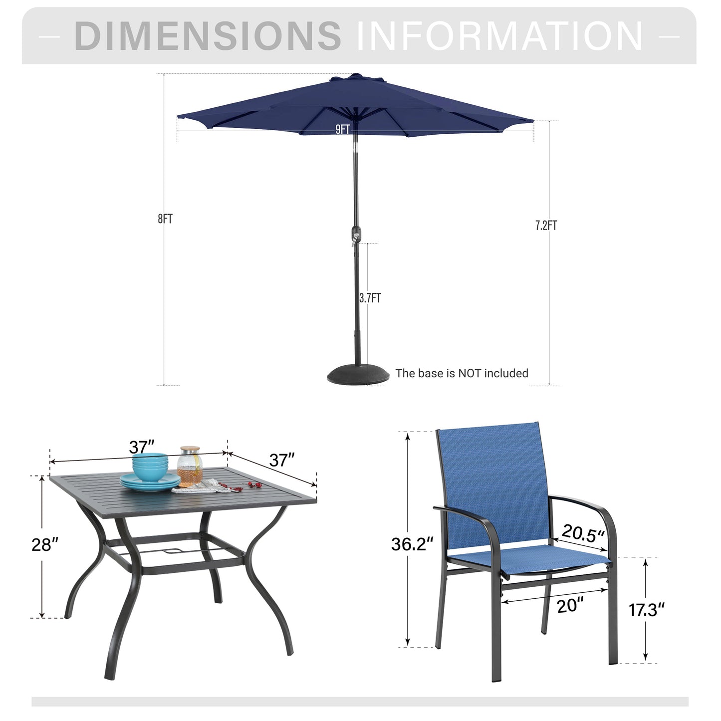Captiva Designs 6pc Patio Dining Set with Steel Table & Blue Sling Chairs & Blue Umbrella