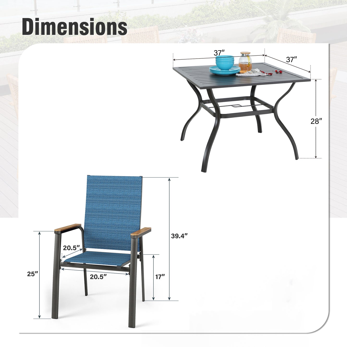 Captiva Designs 5 件套露台餐厅钢制方桌和米色特斯林椅子，配有仿木扶手