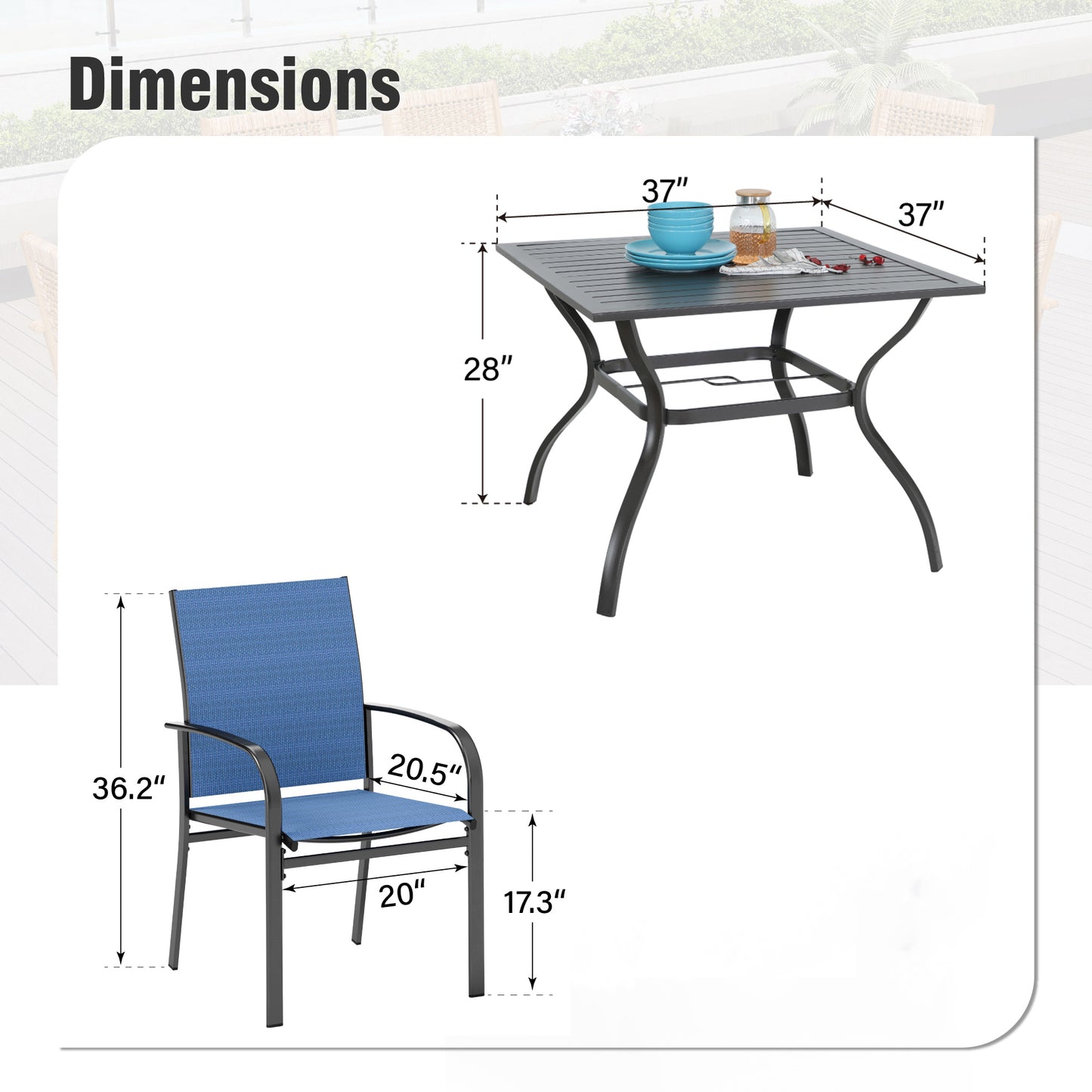 Captiva Designs 5 件套露台餐桌椅套装，配有带顶板的方桌和蓝色吊带固定椅