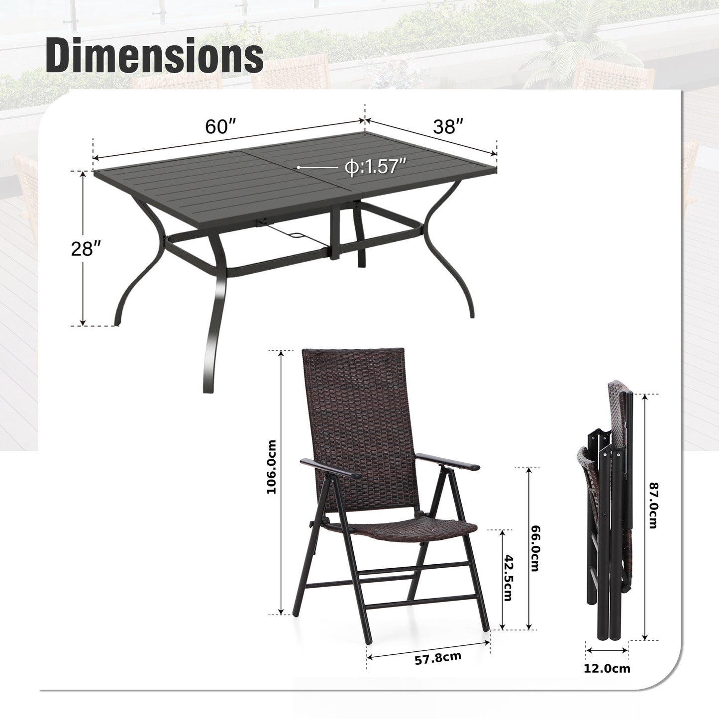 Captiva Designs 9 件套露台板顶可调节矩形桌和旋转椅，带靶心图案