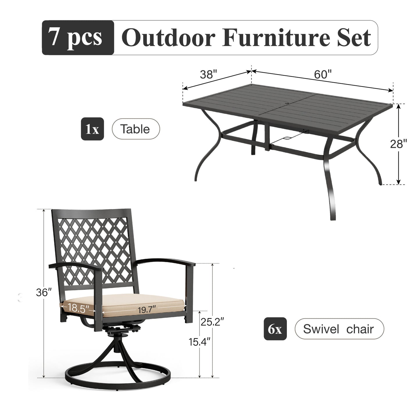 Captiva Designs 7 件套露台餐厅板顶矩形桌子和旋转椅，带靶心图案