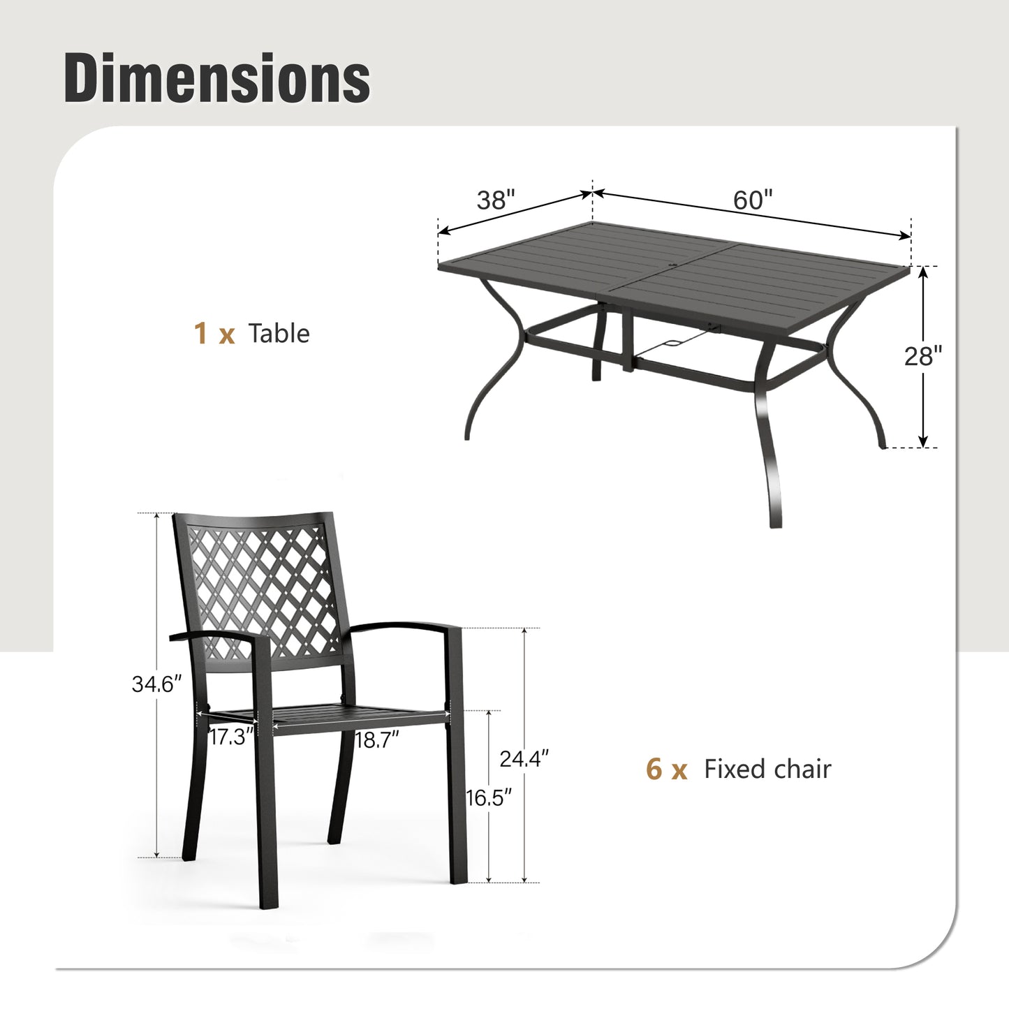 Captiva Designs 7 件套露台餐桌椅套装，配有带板顶的矩形桌子和带剥离式靠背的金属可堆叠椅子