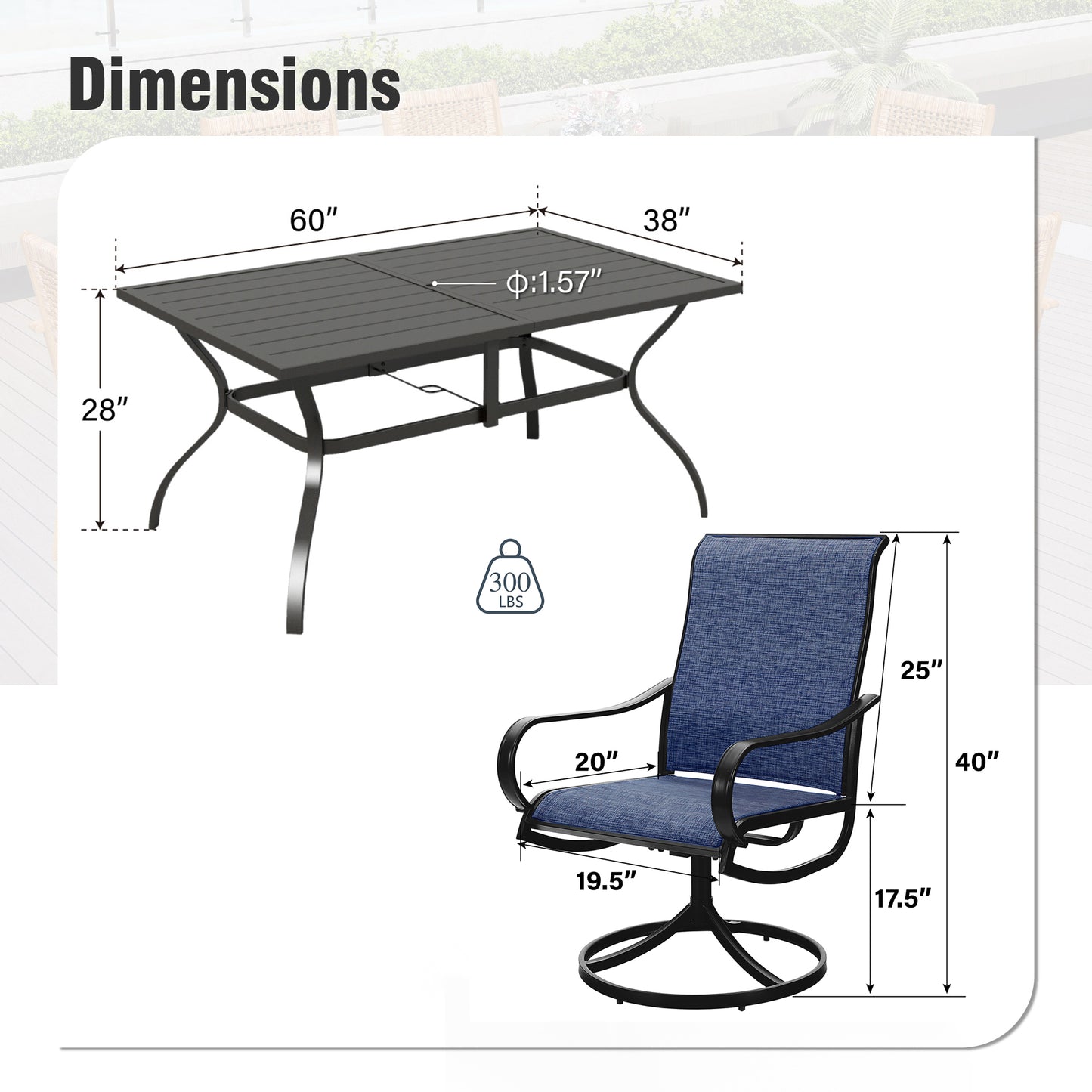Captiva Designs 7 件套露台餐桌和蓝色 Textilene 360​​ 度旋转椅