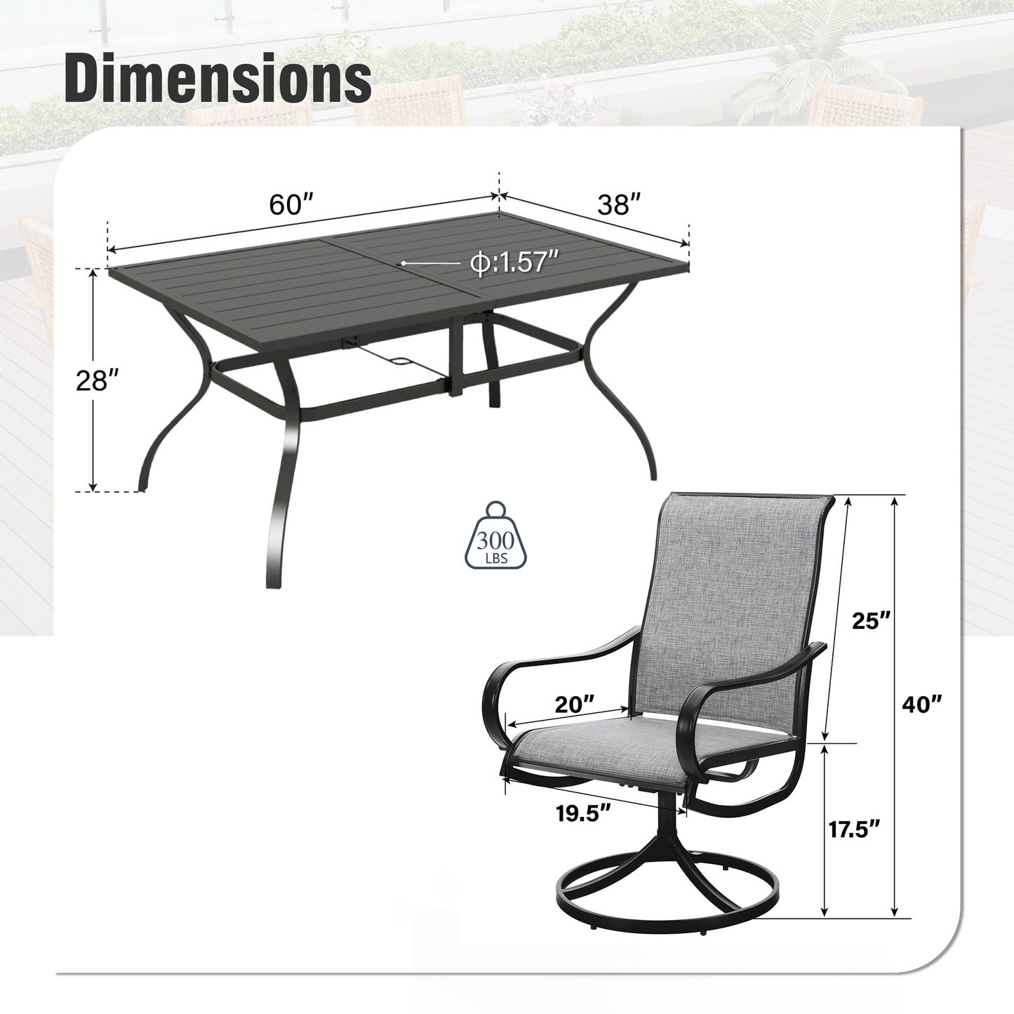 Captiva Designs 7 件套露台餐桌和蓝色 Textilene 360​​ 度旋转椅
