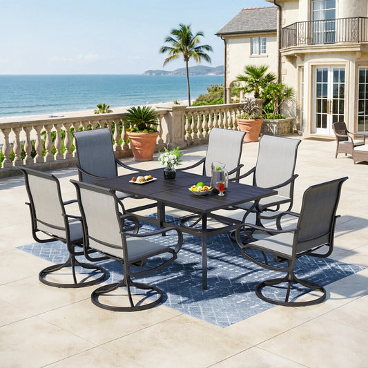 Captiva Designs 7pc Patio Dining Slat-top Rectangle Table & Textilene 360 Degree Swivel Chairs