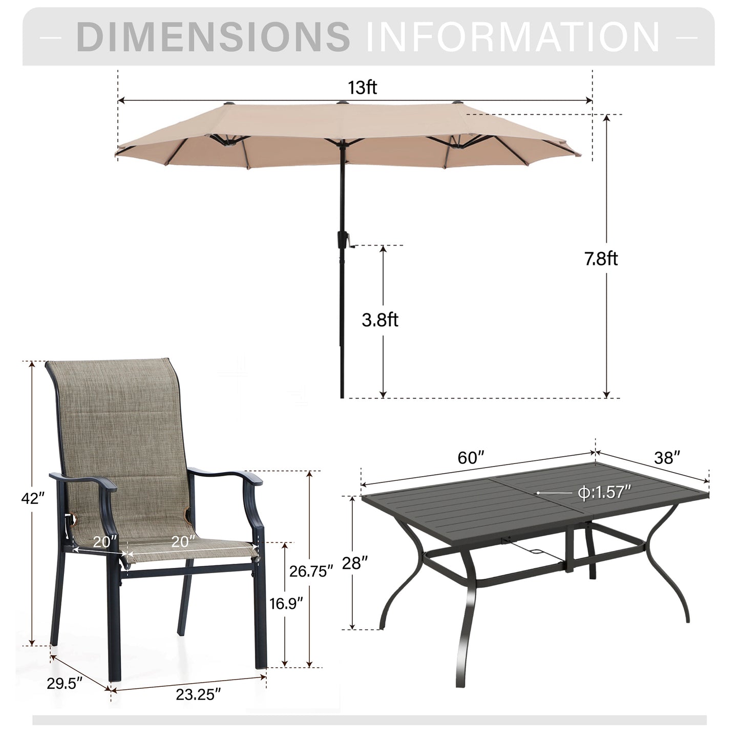 Captiva Designs 8pc Outdoor Patio Rectangle Steel Dining Table & Padded Sling Armchairs & Market Umbrella