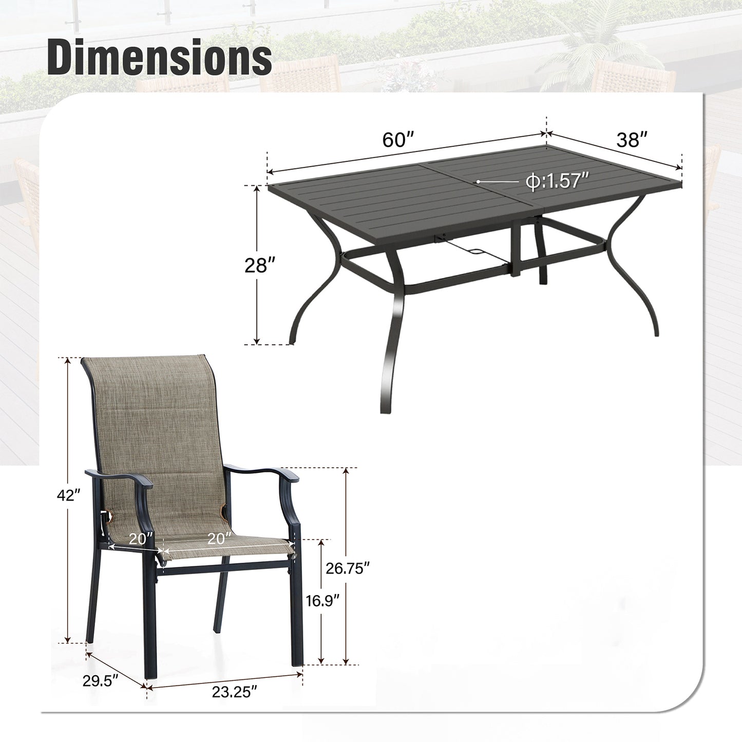 Captiva Designs 7 件 U 型腿木质金属矩形桌，带伞孔和软垫吊带旋转椅