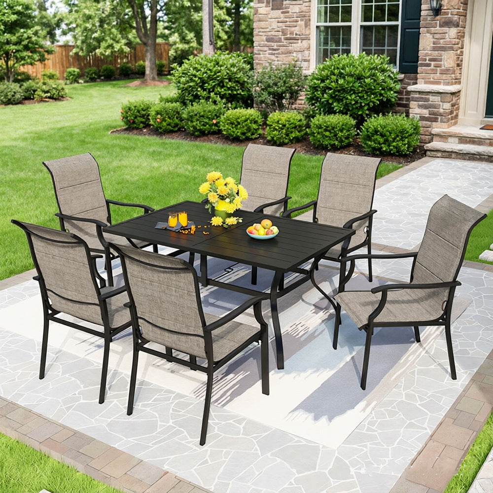 Captiva Designs 7pc Outdoor Dining Metal Rectangle Table with Umbrella Hole & Padded Sling Chairs