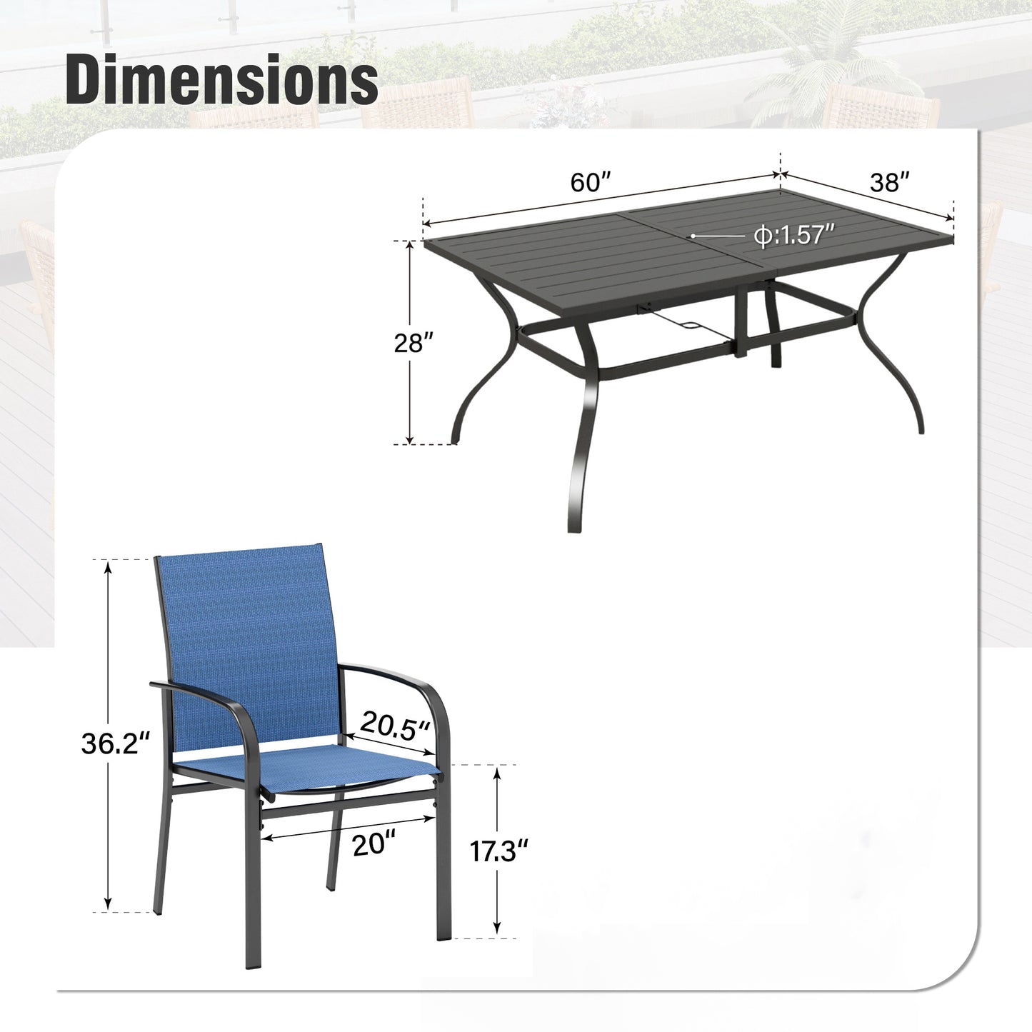 Captiva Designs 7 件套露台餐桌椅套装，配有带顶板的矩形桌子和蓝色吊带固定椅子