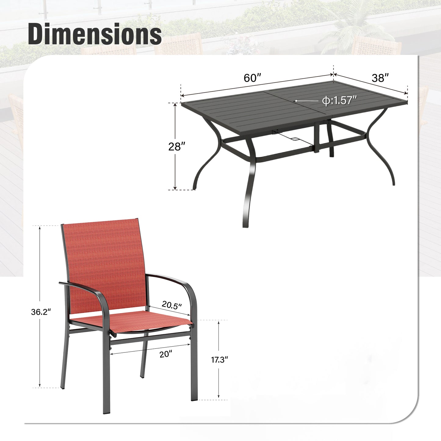 Captiva Designs 7 件套露台餐桌椅套装，配有带顶板的矩形桌子和蓝色吊带固定椅子