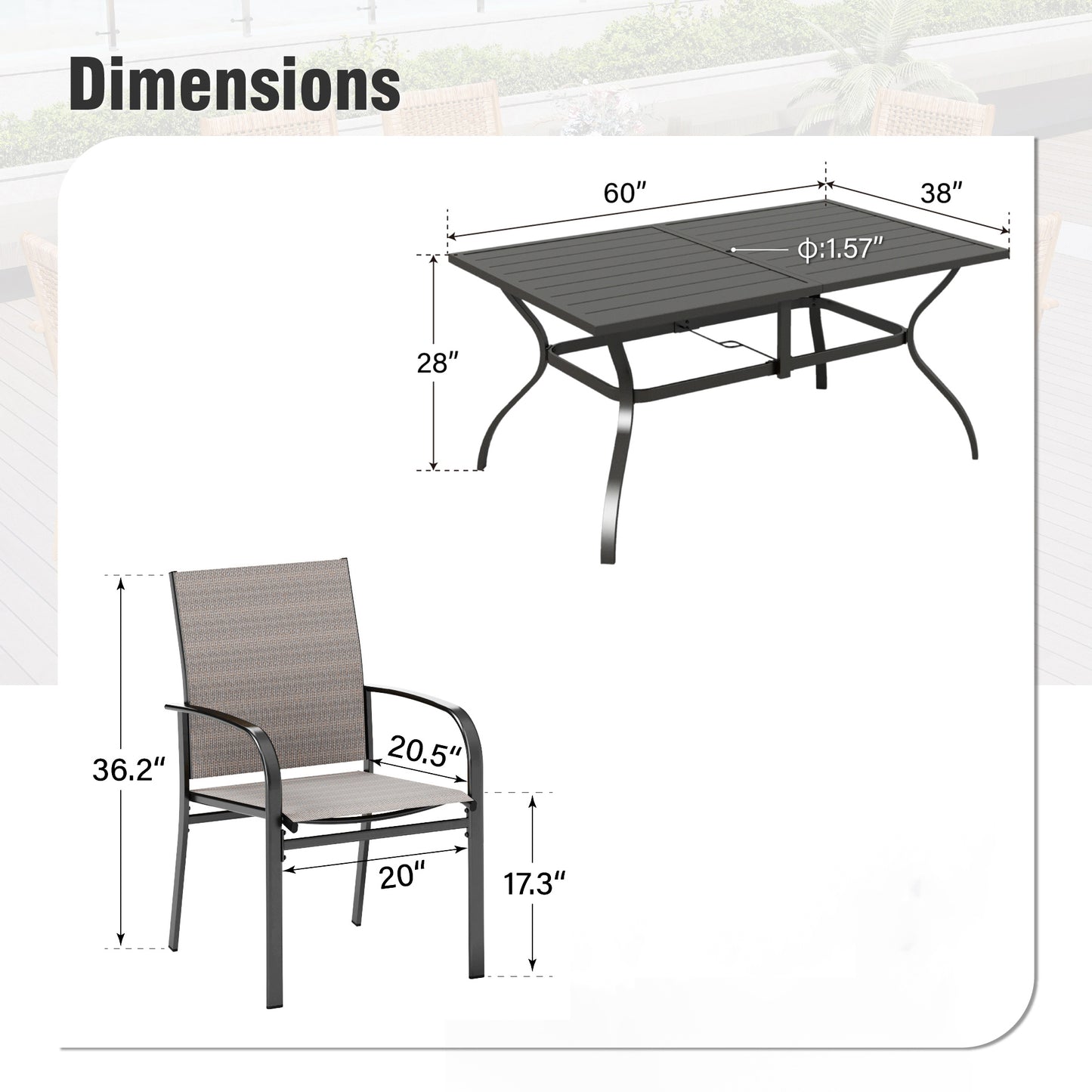 Captiva Designs 7 件套露台餐桌椅套装，配有带顶板的矩形桌子和蓝色吊带固定椅子
