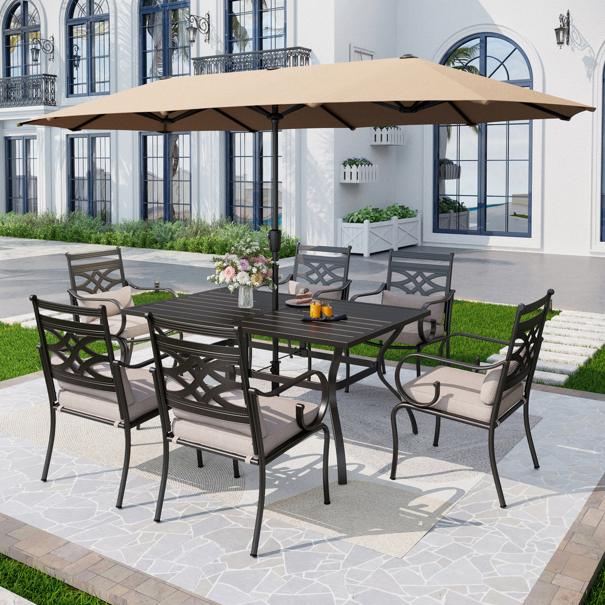 Captiva Designs 8Pc Outdoor Steel Rectangle Dining Table & Cushioned Metal Chairs & Market Umbrella