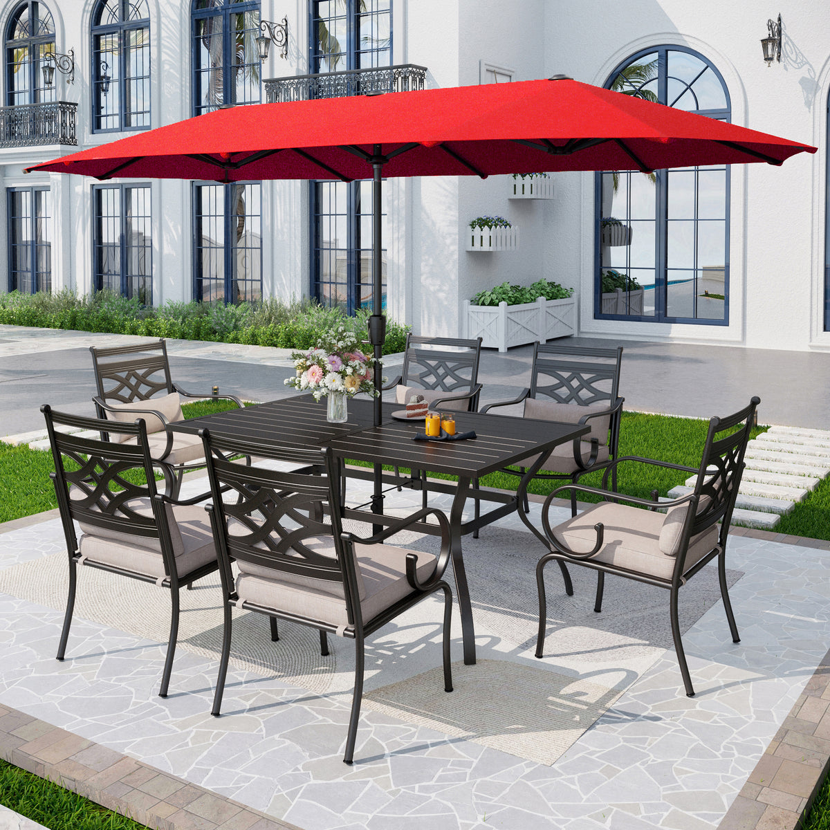 Captiva Designs 8Pc Outdoor Steel Rectangle Dining Table & Cushioned Metal Chairs & Market Umbrella