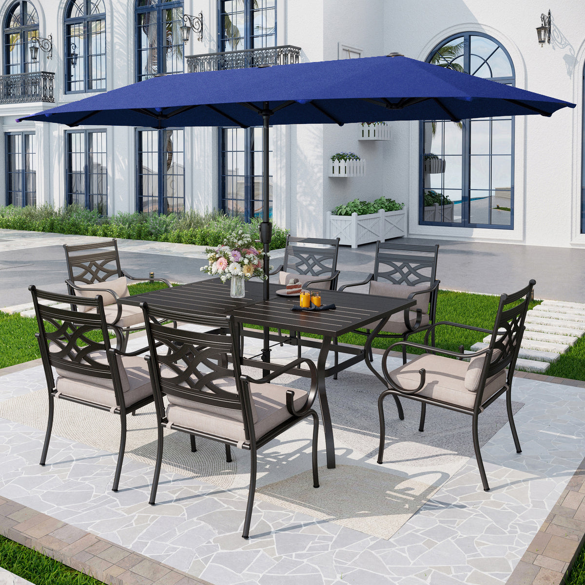 Captiva Designs 8Pc Outdoor Steel Rectangle Dining Table & Cushioned Metal Chairs & Market Umbrella