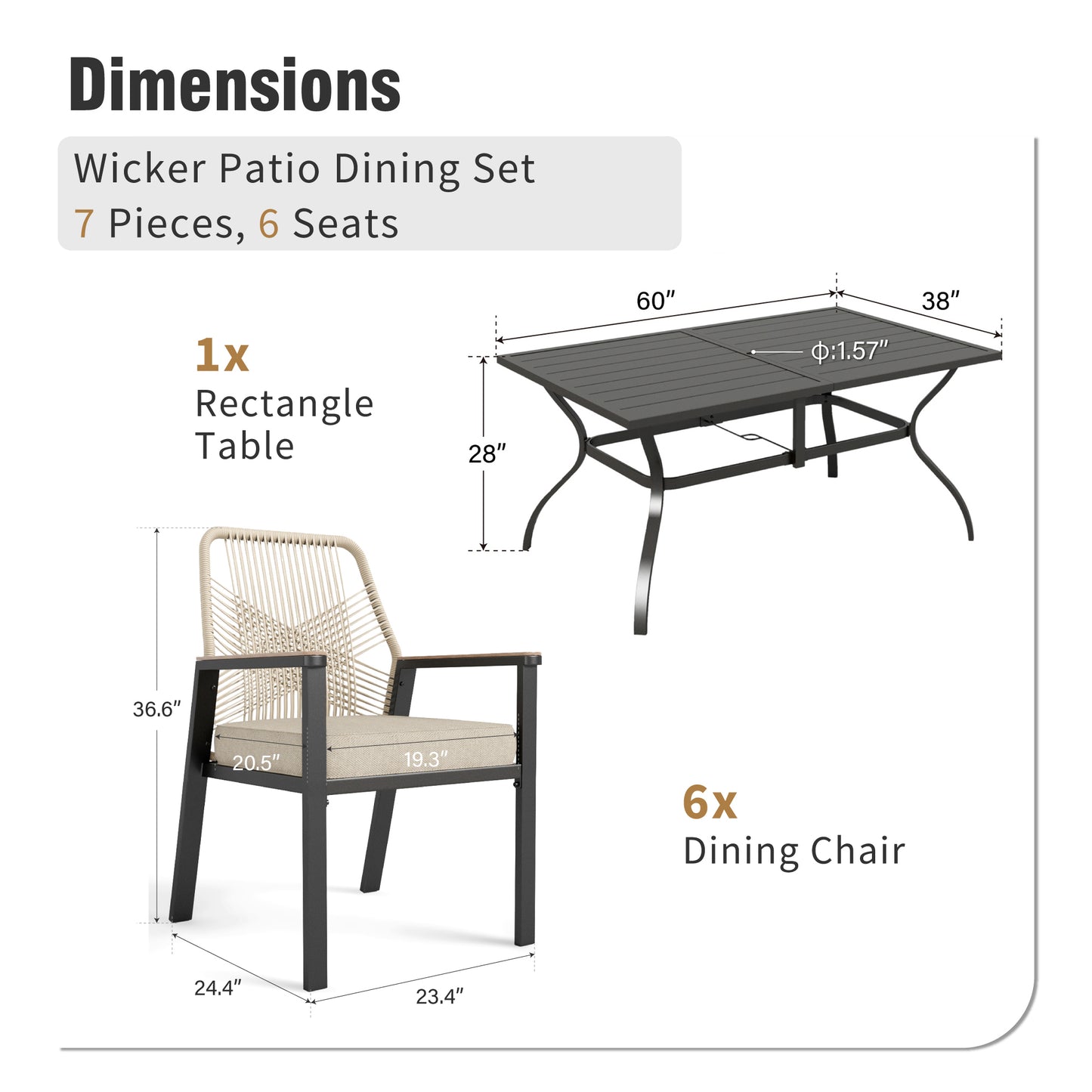 Captiva Designs 7pc Outdoor Dining Rectangular Slat-top Steel Table with Umbrella Hole & Beige Rattan Fixed Chairs