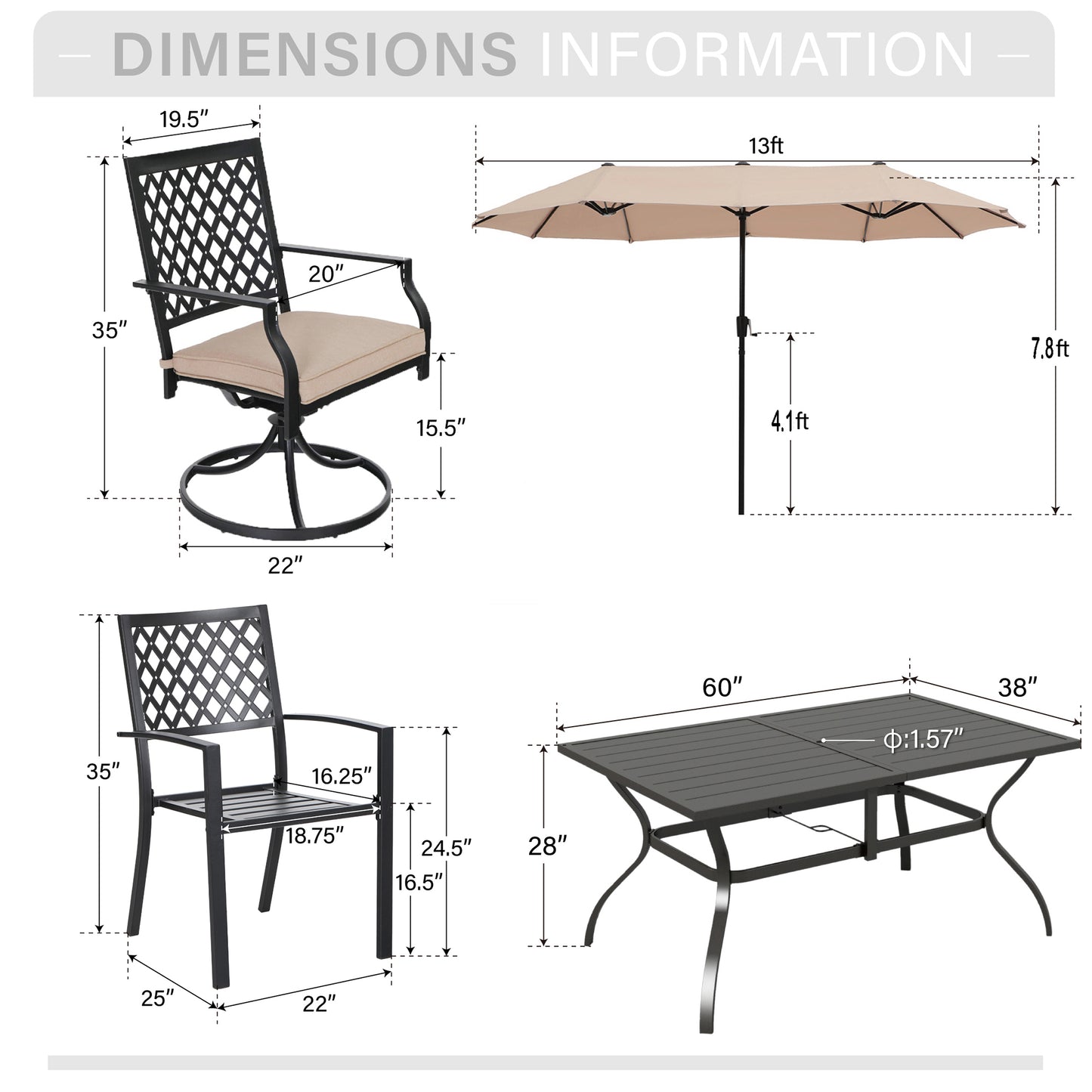 Captiva Designs 8pc Outdoor Slat-top Rectangular Steel Dining Table & Black Steel Chairs & Beige Umbrella