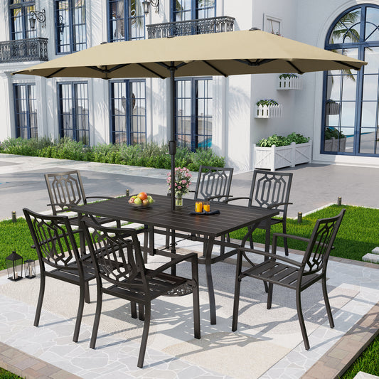 Captiva Designs 8pc Outdoor Rectangle Steel Dining Table & Metal Chairs & Market Umbrella