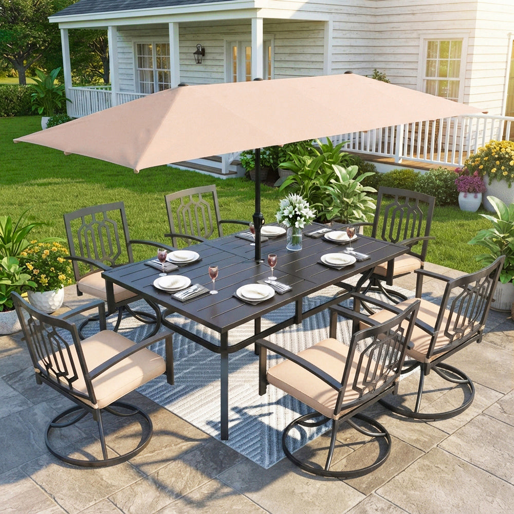 Captiva Designs 8pc Outdoor Rectangular Steel Dining Table & Black Steel Chairs & Market Umbrella