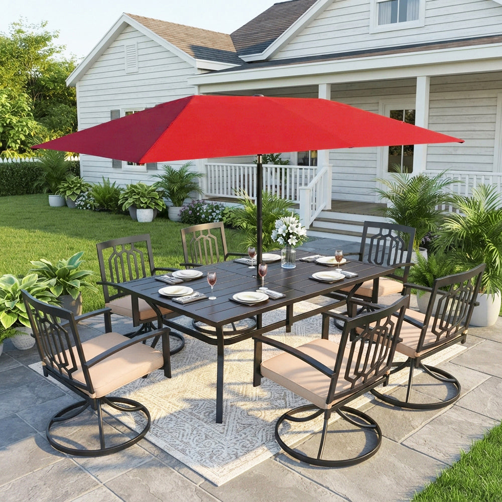 Captiva Designs 8pc Outdoor Rectangular Steel Dining Table & Black Steel Chairs & Market Umbrella