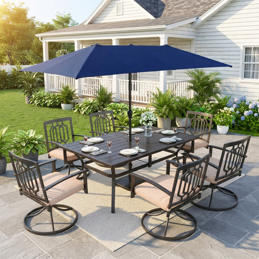 Captiva Designs 8pc Outdoor Rectangular Steel Dining Table & Black Steel Chairs & Market Umbrella