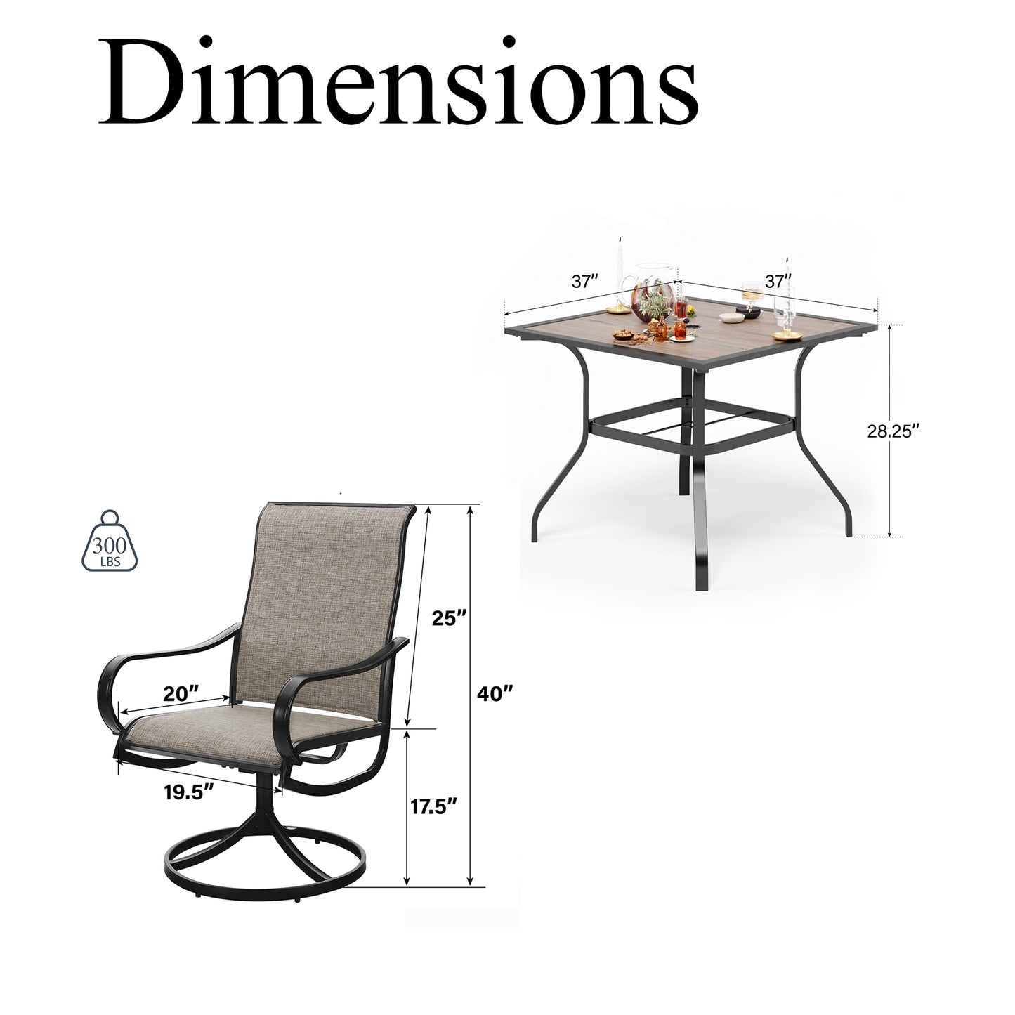 Captiva Designs 5pc Patio Wood-look Square Dining Table with Umbrella Hole & Textilene Swivel Chairs