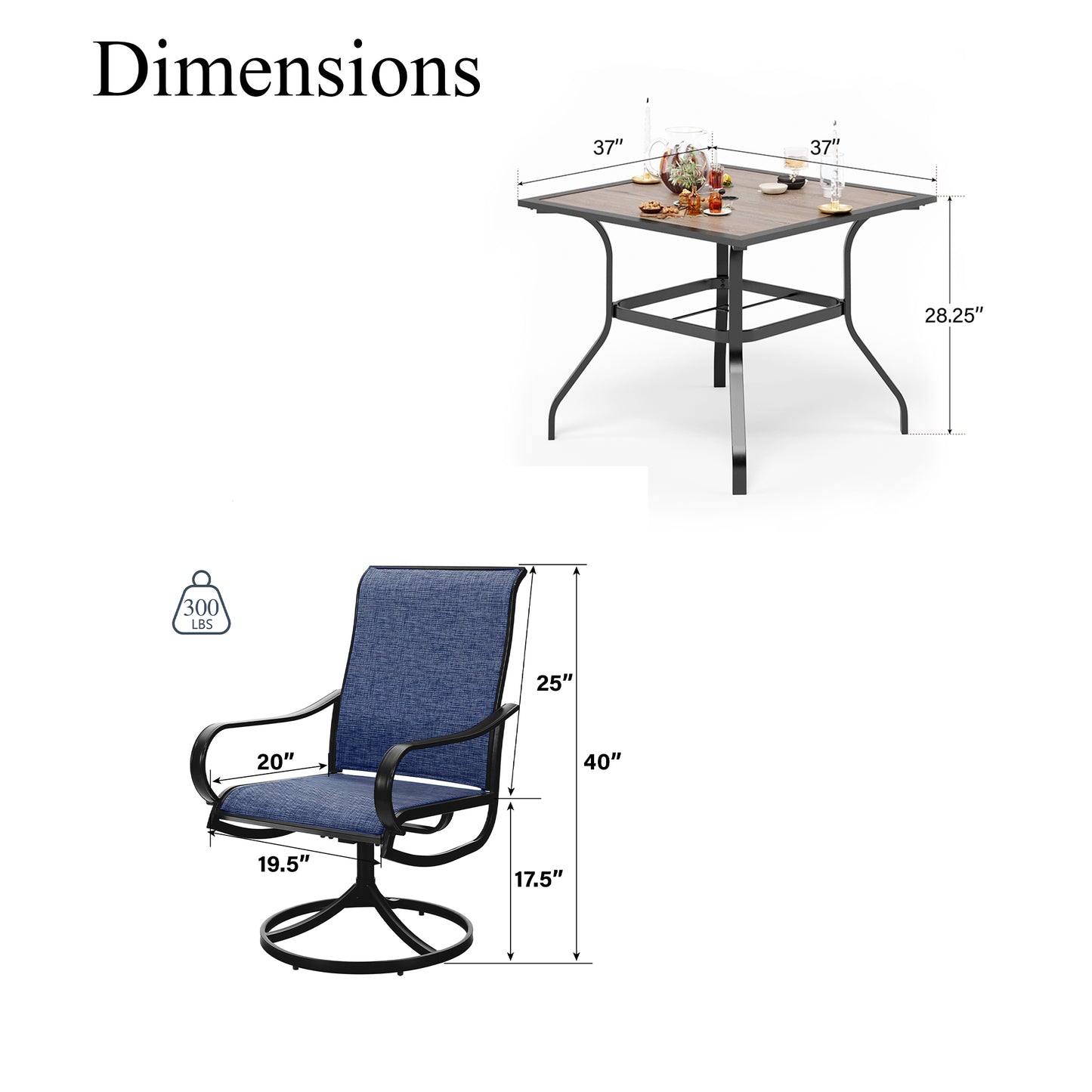 Captiva Designs 5pc Patio Wood-look Square Dining Table with Umbrella Hole & Textilene Swivel Chairs