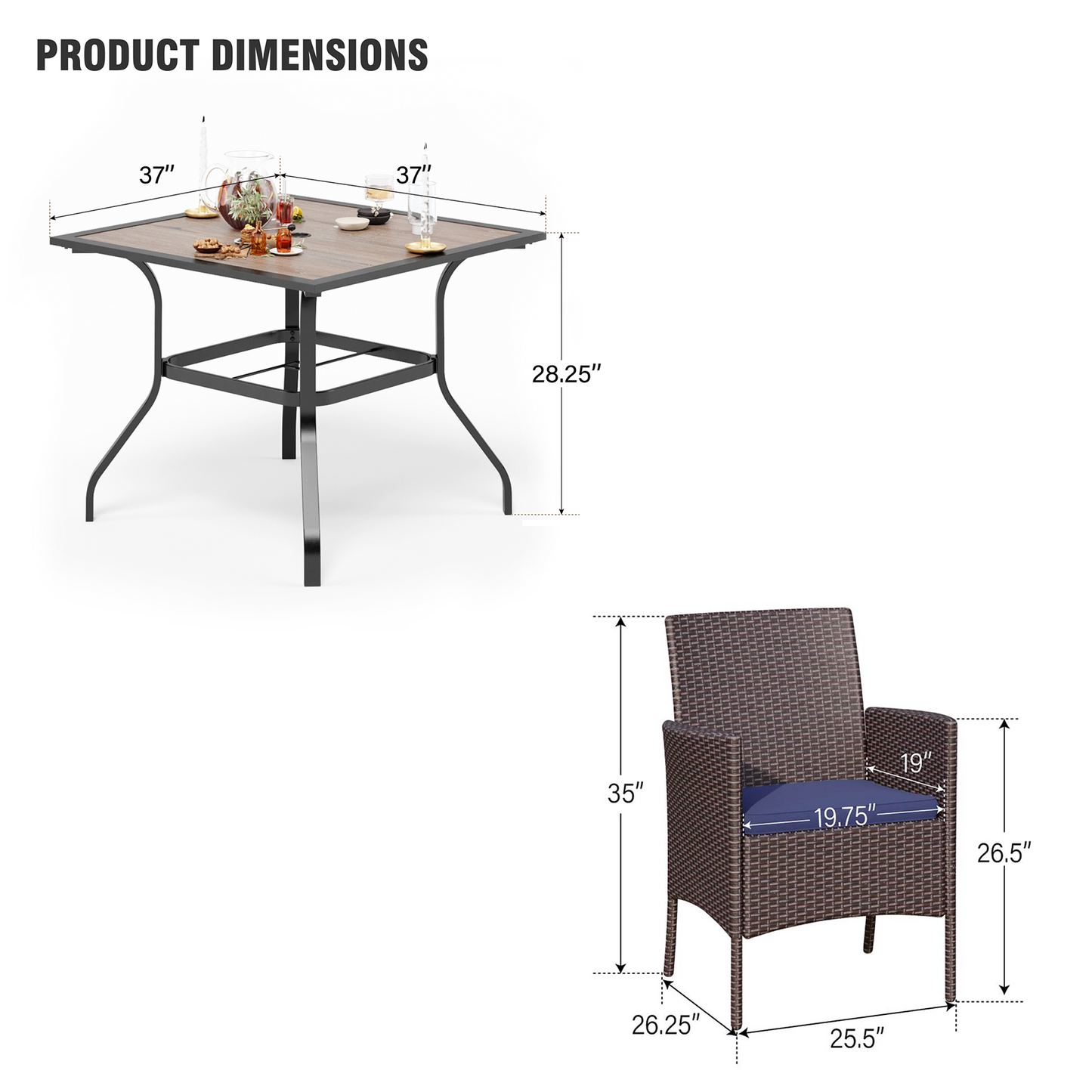 Captiva Designs 5pc Patio Dining Set Steel Frame Table with Umbrella Hole & Rattan Chairs with Removable Cushions