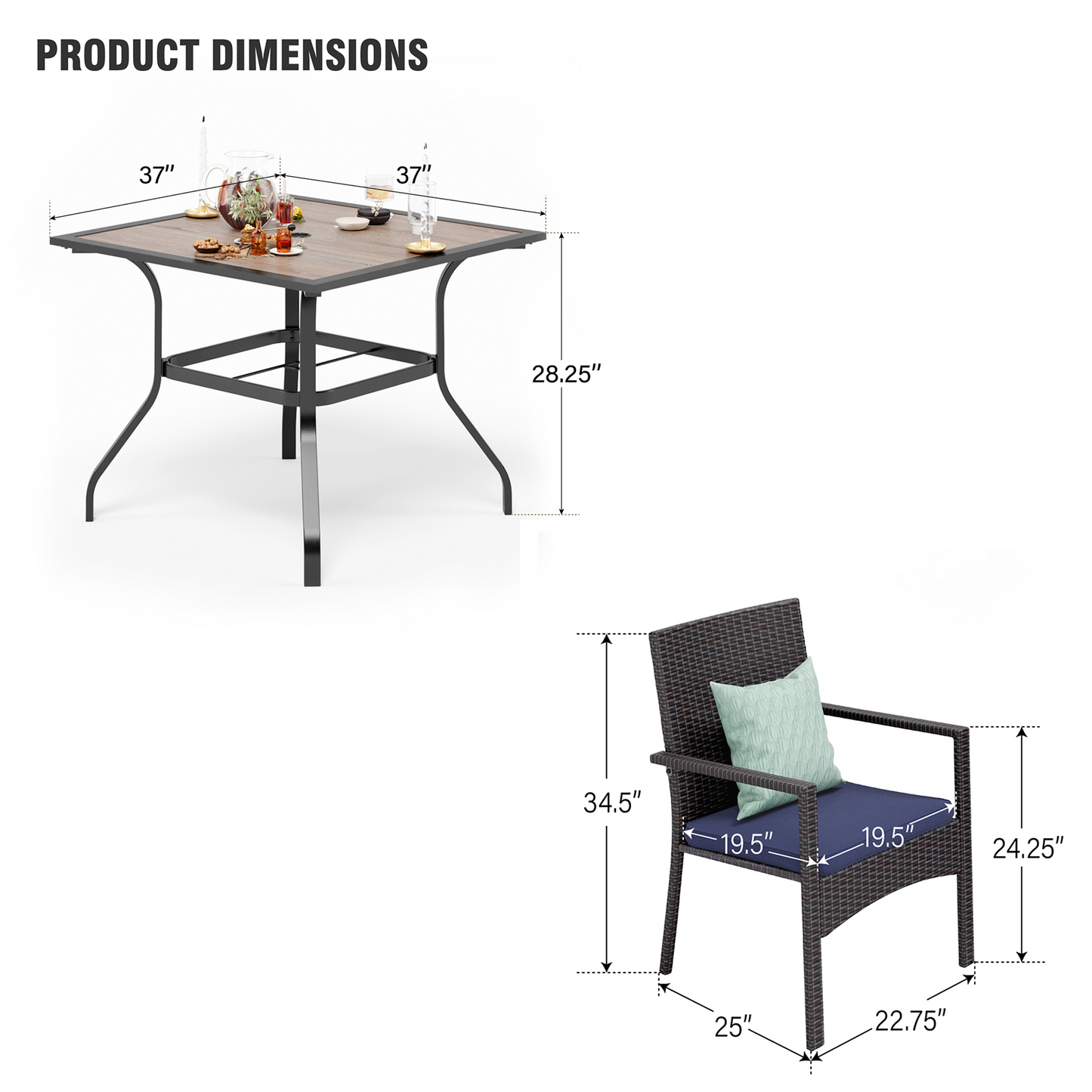 Captiva Designs 5pc Patio Dining Set Steel Frame Table with Umbrella Hole & Rattan Chairs with Removable Cushions