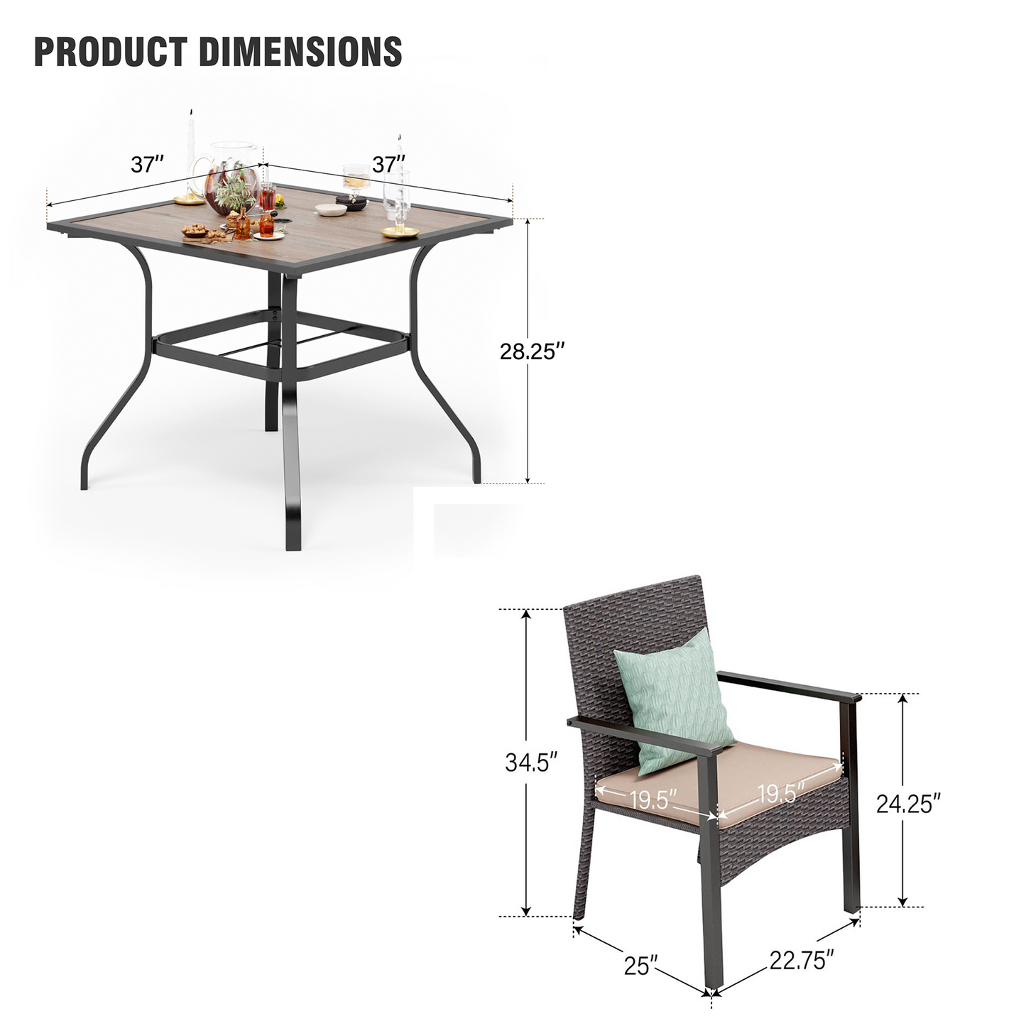 Captiva Designs 5pc Patio Dining Set Steel Frame Table with Umbrella Hole & Rattan Chairs with Removable Cushions