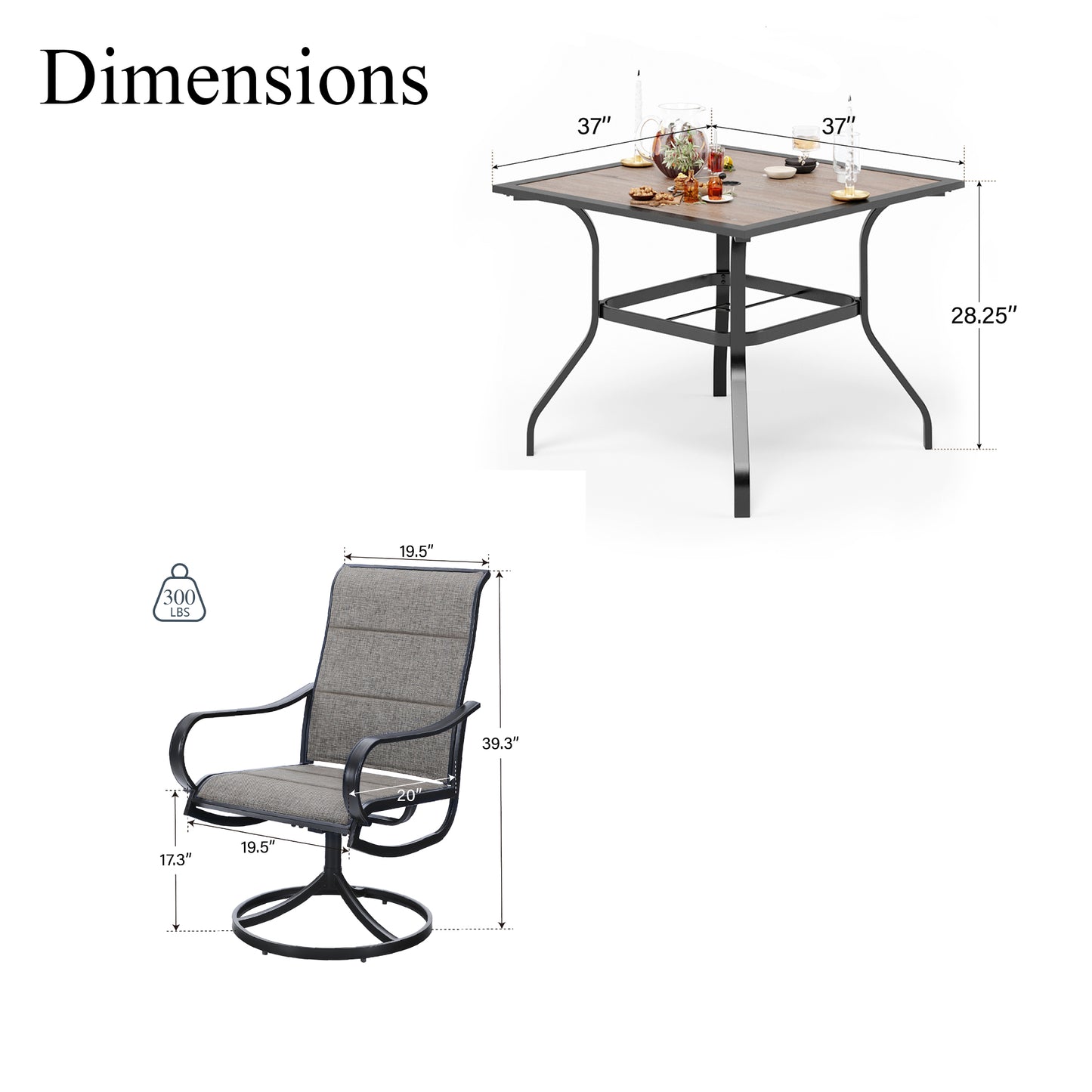Captiva Designs 5pc Patio Wood-look Square Dining Table with Umbrella Hole & Textilene Swivel Chairs