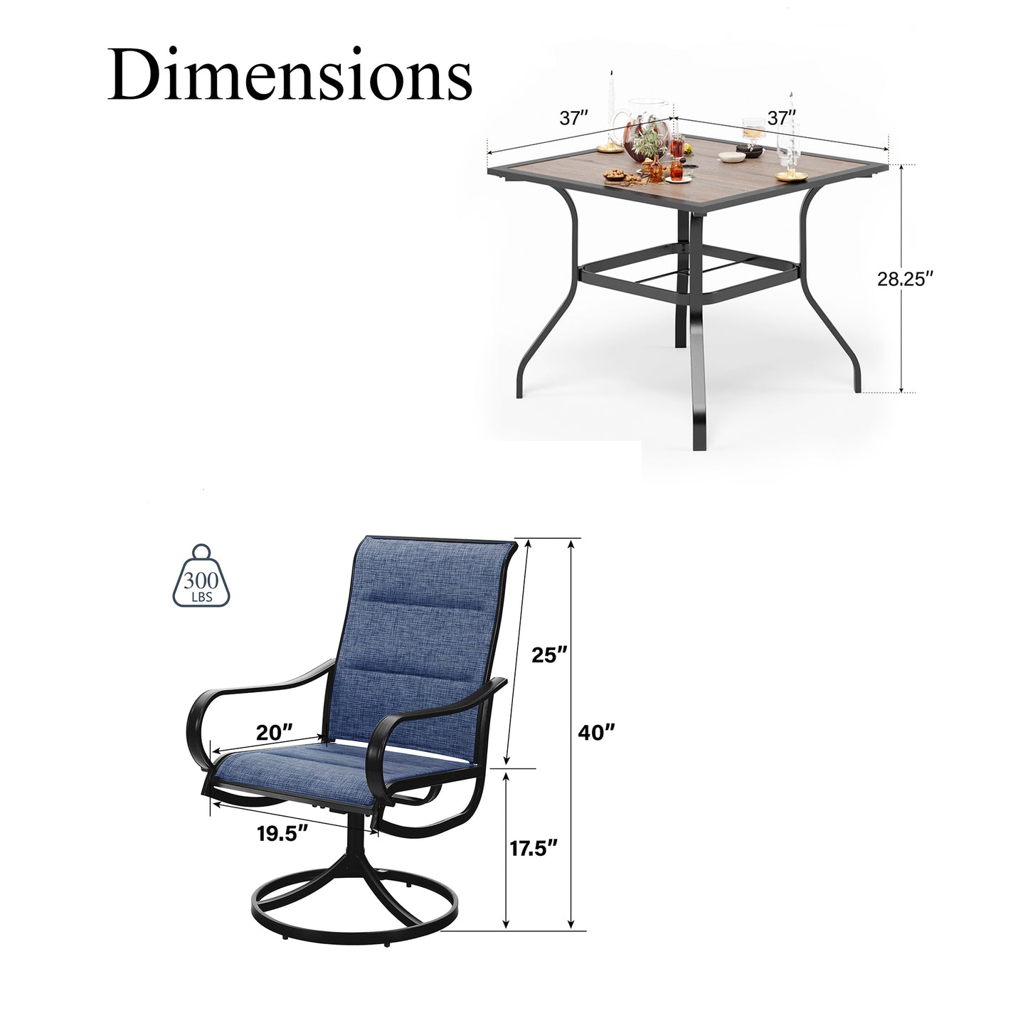 Captiva Designs 5pc Patio Wood-look Square Dining Table with Umbrella Hole & Textilene Swivel Chairs