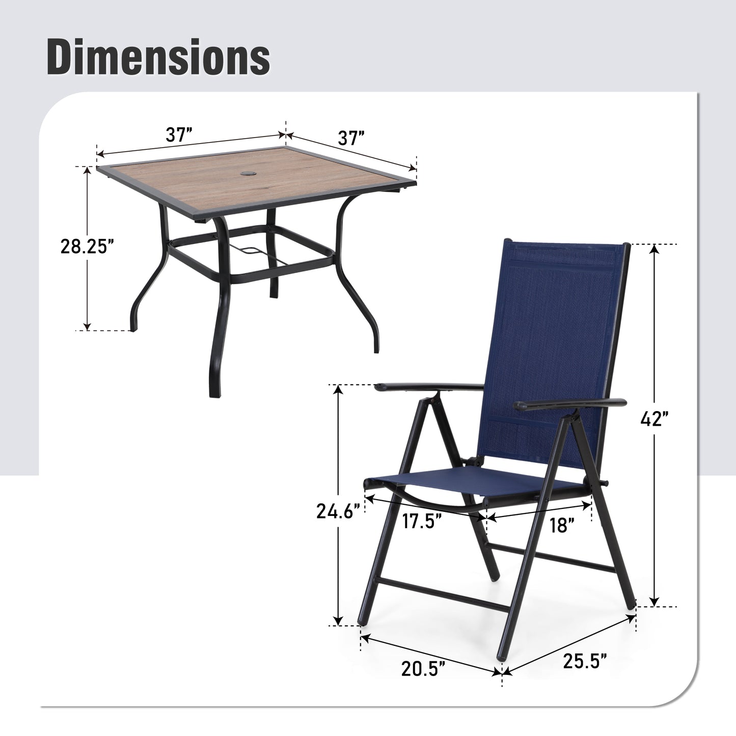 Captiva Designs 5pc Patio Dining Set Steel Frame Table with Umbrella Hole & Textilene Reclining Foldable Chairs