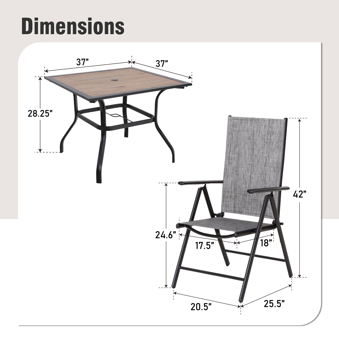 Captiva Designs 5pc Patio Dining Set Steel Frame Table with Umbrella Hole & Textilene Reclining Foldable Chairs