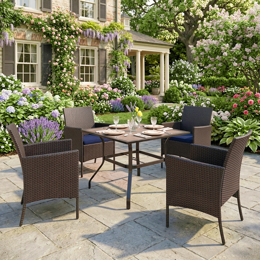 Captiva Designs 5pc Patio Dining Set Steel Frame Table with Umbrella Hole & Rattan Chairs with Removable Cushions
