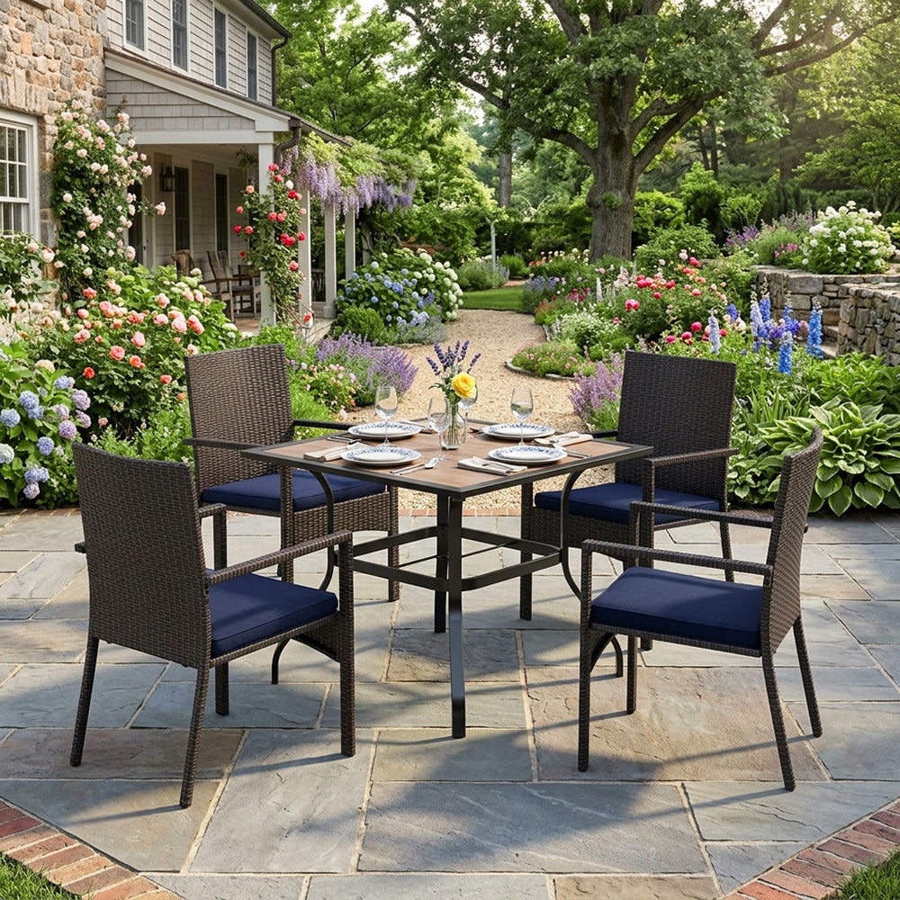 Captiva Designs 5pc Patio Dining Set Steel Frame Table with Umbrella Hole & Rattan Chairs with Removable Cushions