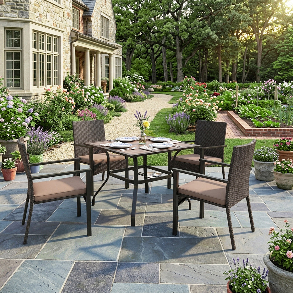 Captiva Designs 5pc Patio Dining Set Steel Frame Table with Umbrella Hole & Rattan Chairs with Removable Cushions