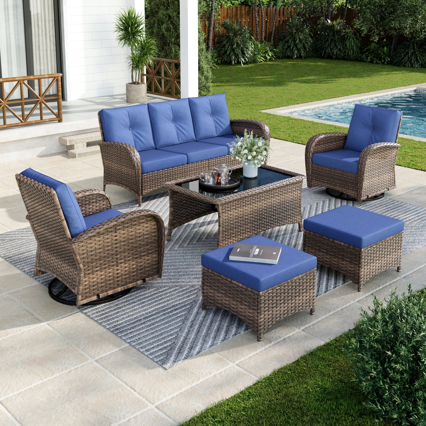 Captiva Designs Vintage Patio Swivel Wicker Conversation Sofa Set with Ottomans