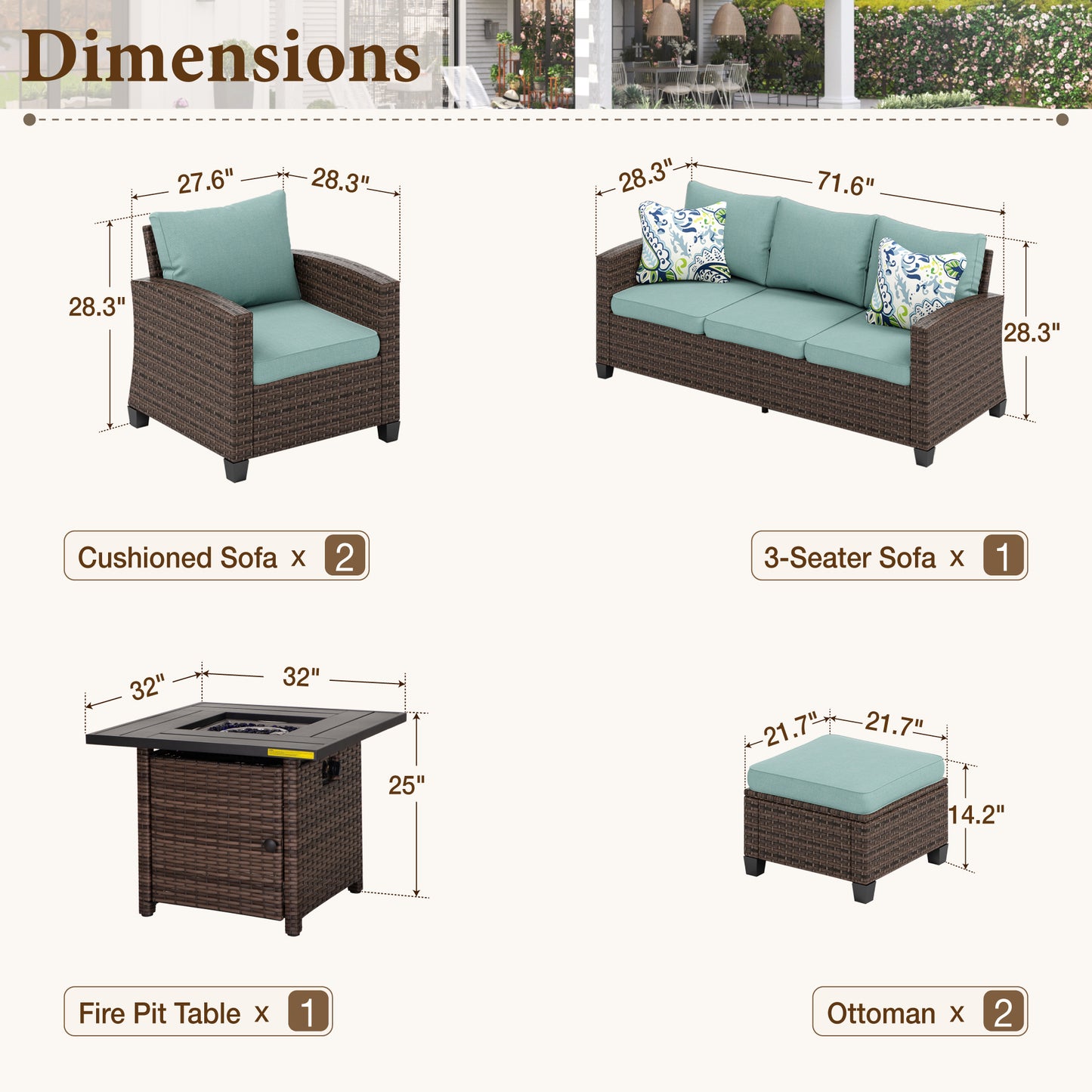 Captiva Designs 6pc Outdoor Patio Wicker Rattan Cushioned Fire Pit Set with Ottomans and Armchairs