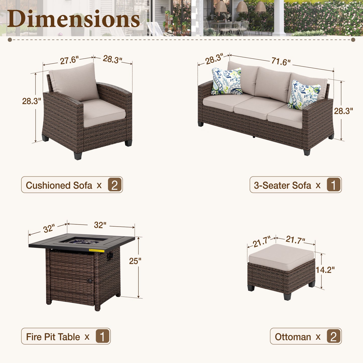 Captiva Designs 6pc Outdoor Patio Wicker Rattan Cushioned Fire Pit Set with Ottomans and Single Sofas