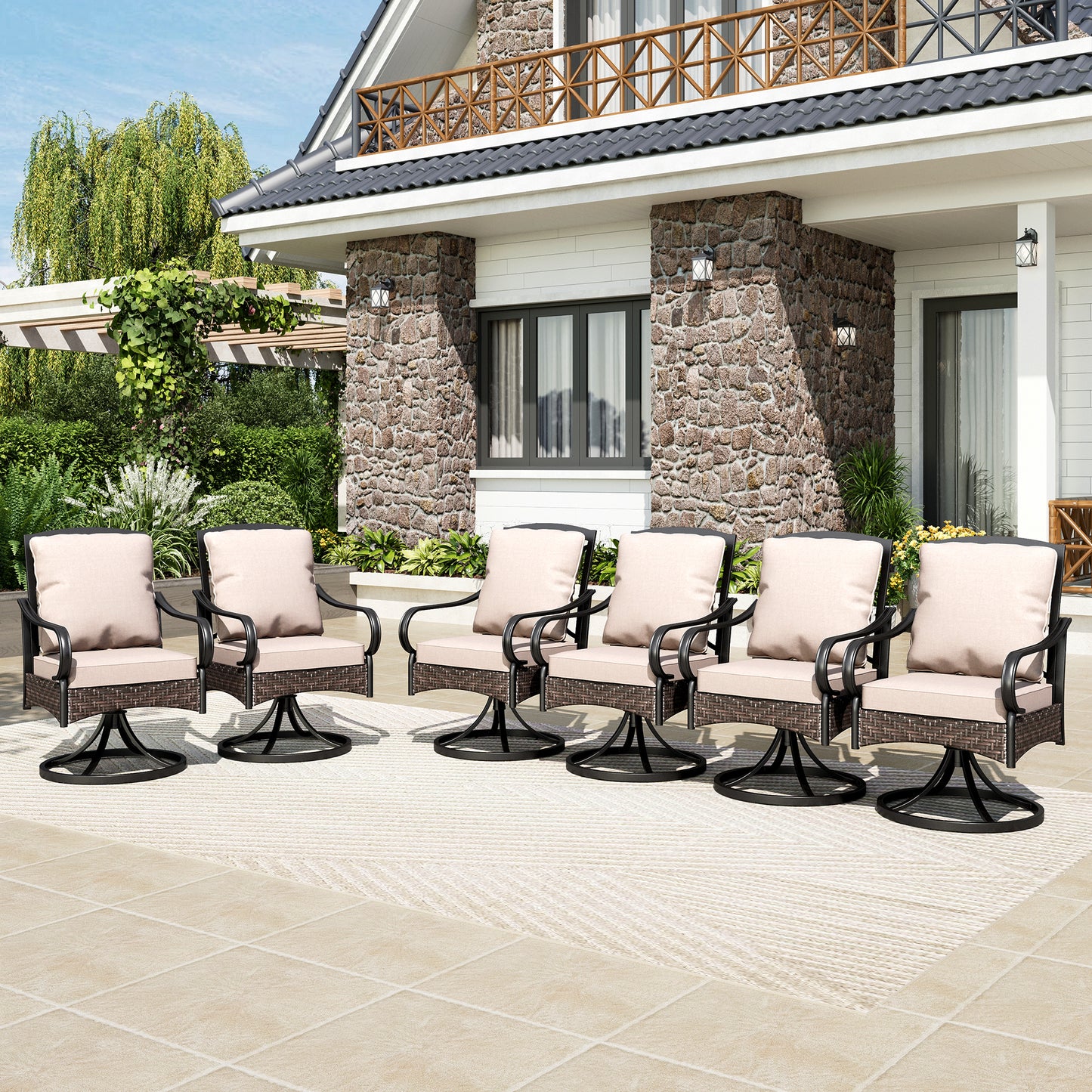 Captiva Designs Patio Dining Rattan Metal Chairs with Seat Cushions and Waist Pillows