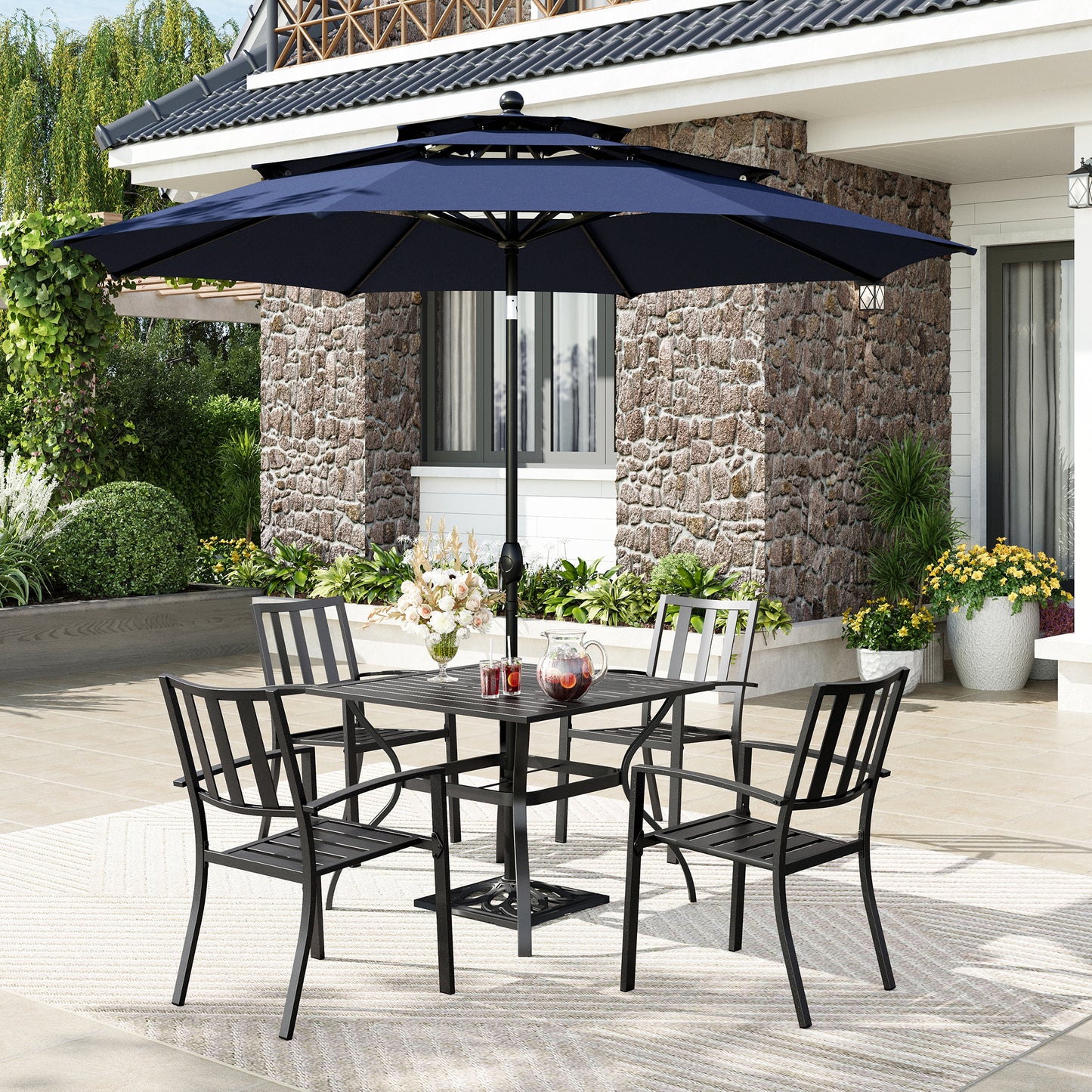 Captiva Designs 6pc Patio Square Dining Table & Stackable Fixed Chairs & 10ft 3 Tier Auto-tilt Umbrella