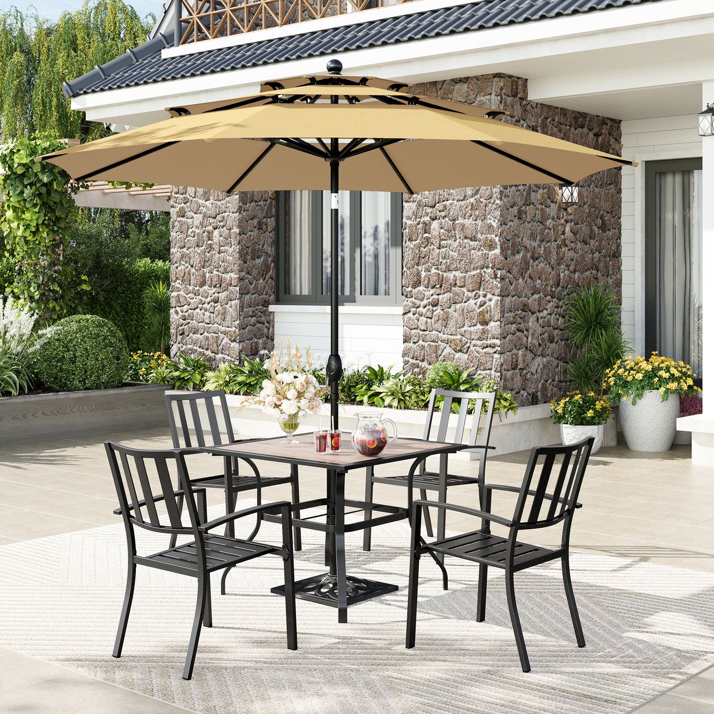 Captiva Designs 6pc Patio Square Dining Table & Stackable Fixed Chairs & 10ft 3 Tier Auto-tilt Umbrella