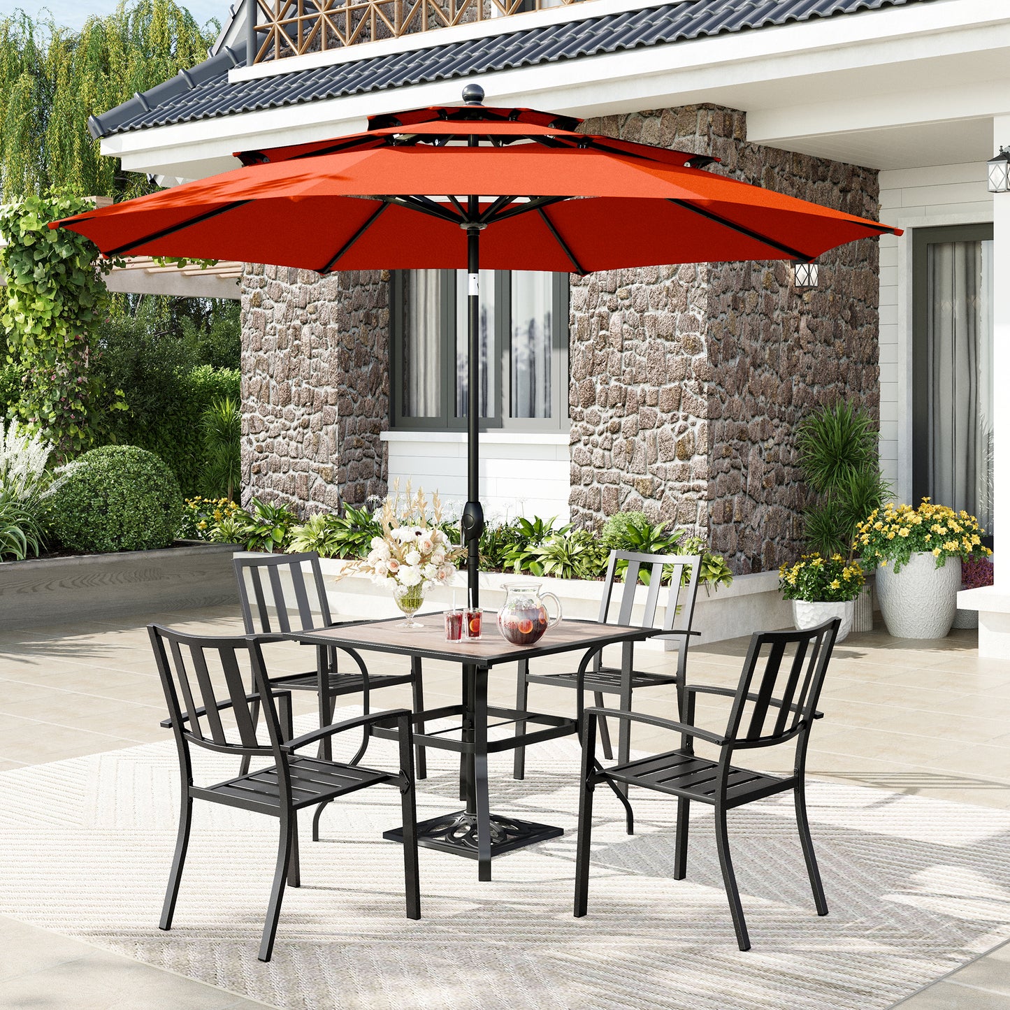 Captiva Designs 6pc Patio Square Dining Table & Stackable Fixed Chairs & 10ft 3 Tier Auto-tilt Umbrella