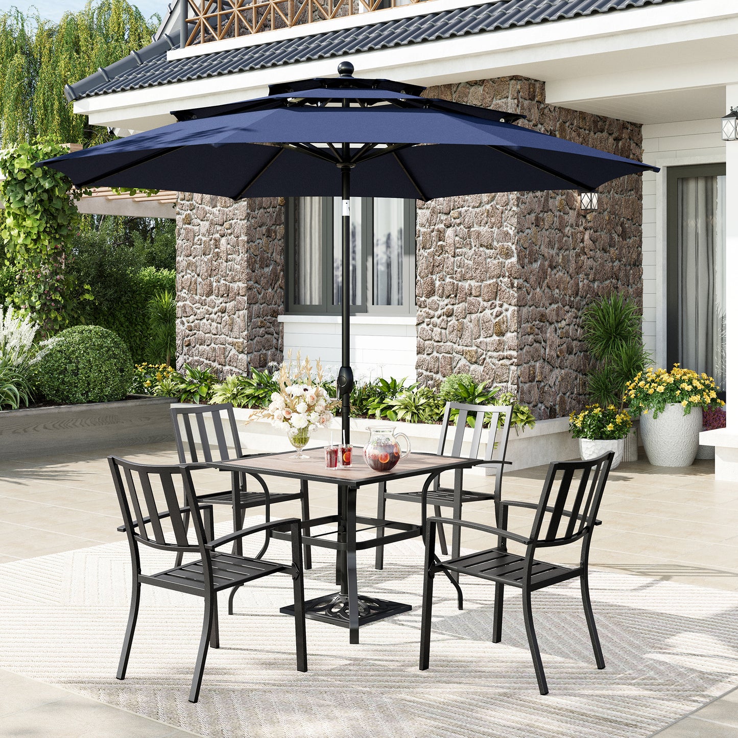 Captiva Designs 6pc Patio Square Dining Table & Stackable Fixed Chairs & 10ft 3 Tier Auto-tilt Umbrella