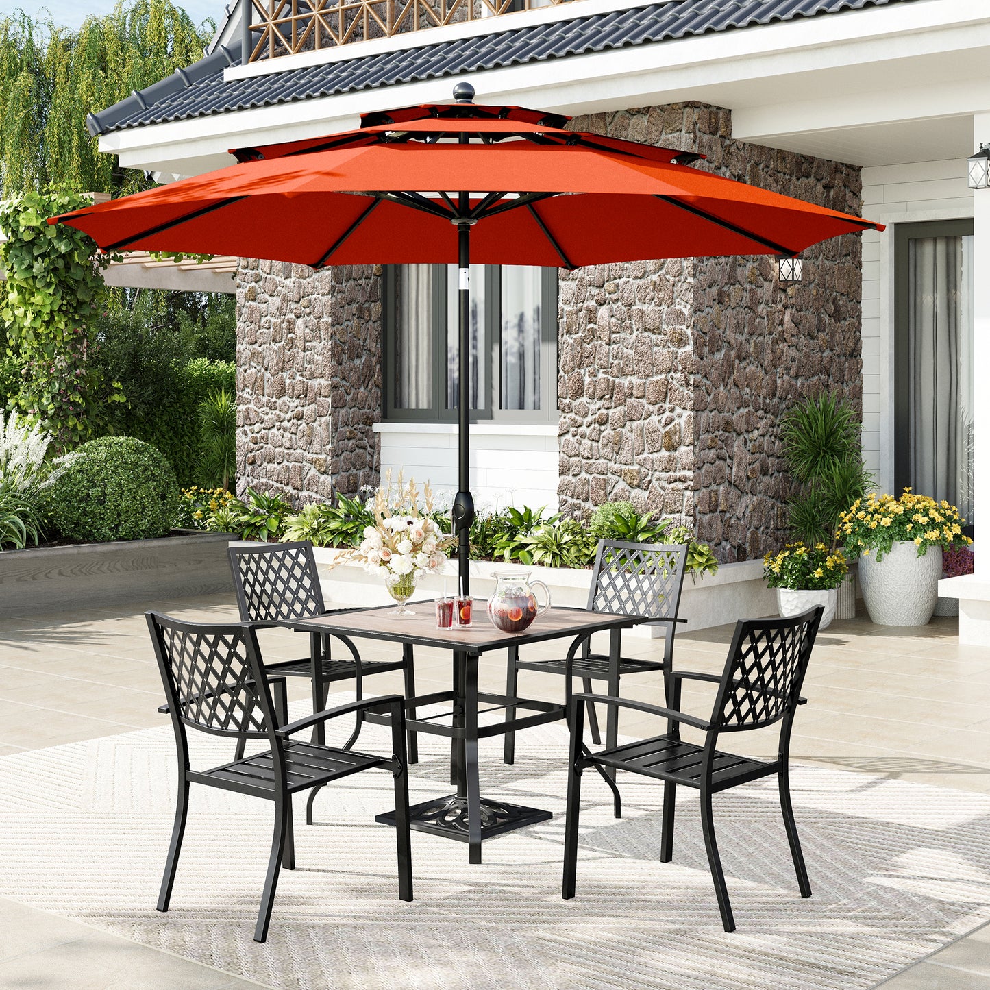Captiva Designs 6pc Patio Square Dining Table & Stackable Fixed Chairs & 10ft 3 Tier Auto-tilt Umbrella