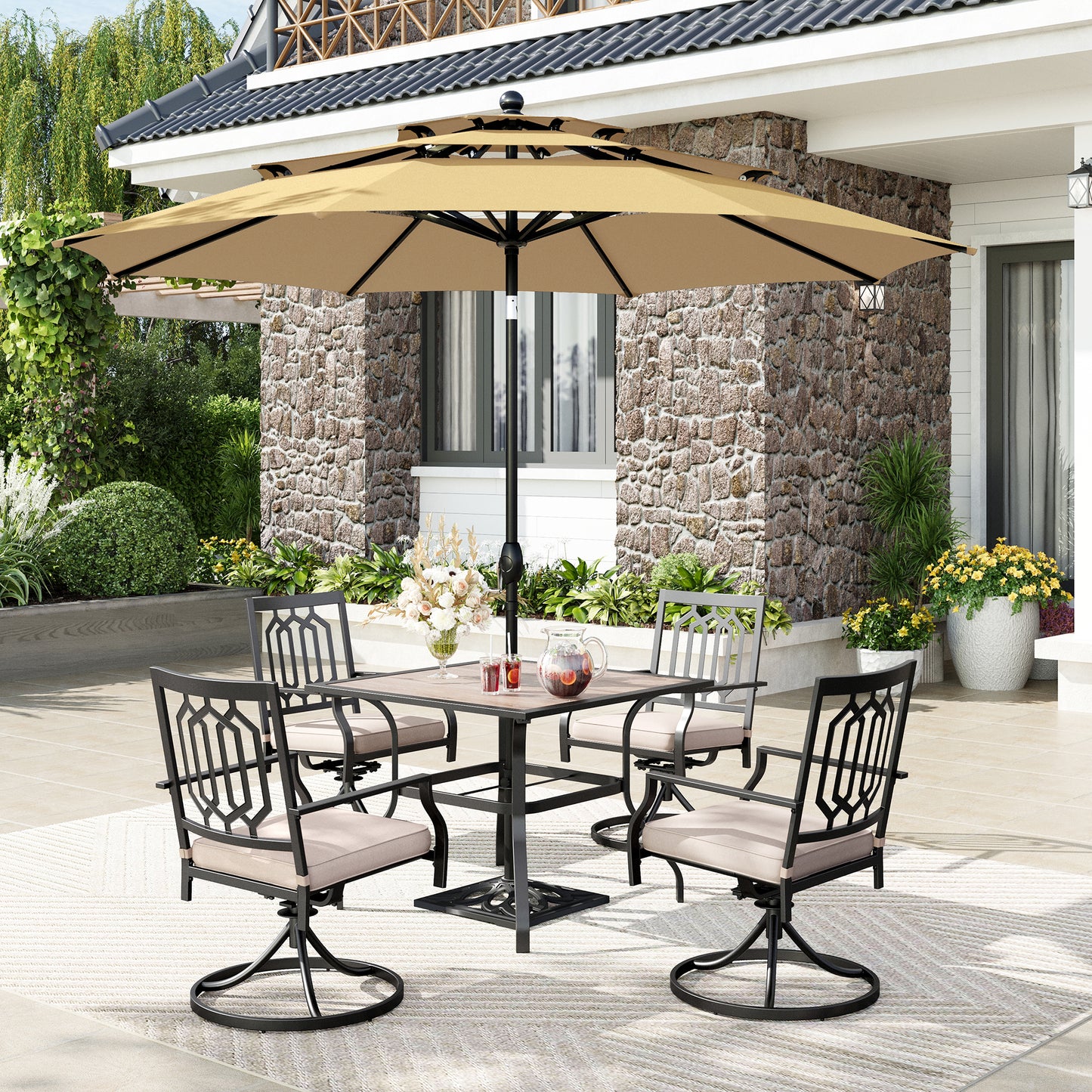 Captiva Designs 6pc Patio Square Table & Fusiform Back Metal Chairs & Beige Umbrella
